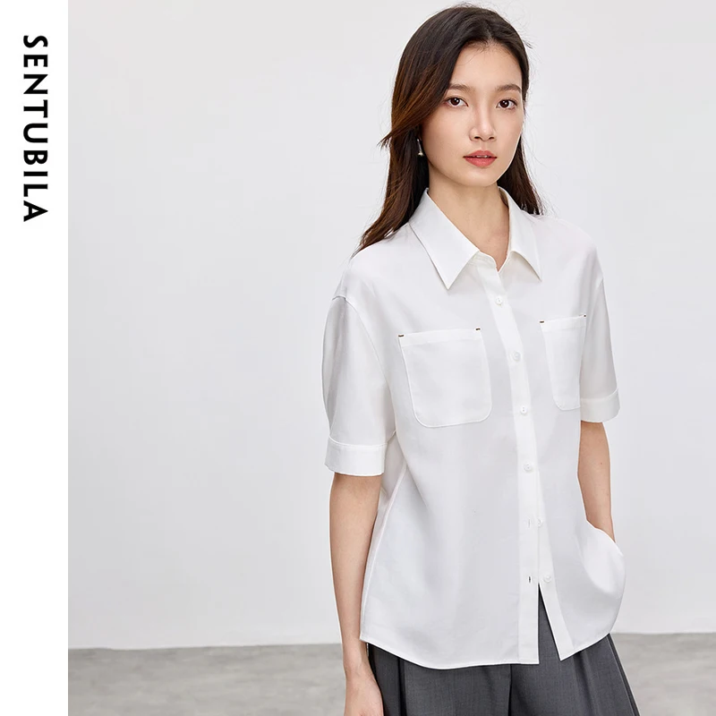 

SENTUBILA Women White Shirts & Blouses 2025 Ladies Short Sleeve Lyocell Fashion Commute Ladies Tops for Woman Clothes 152C59358