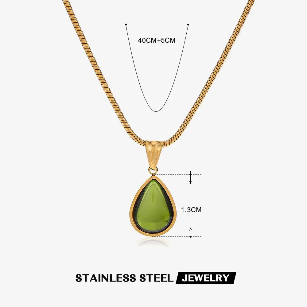 New Style Olive Green Blue Droplet Pendant Necklace For Women Girls Stainless Steel Vintage Clavicle Chain Wedding Jewelry Gift