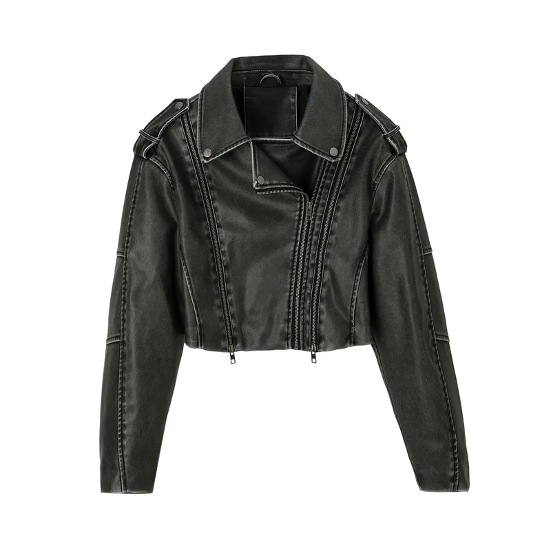 2025 streetwear super-curto jaqueta de couro feminino casaco de cintura alta vintage do-old lavado zip-up plutônio solto outerwear primavera outono