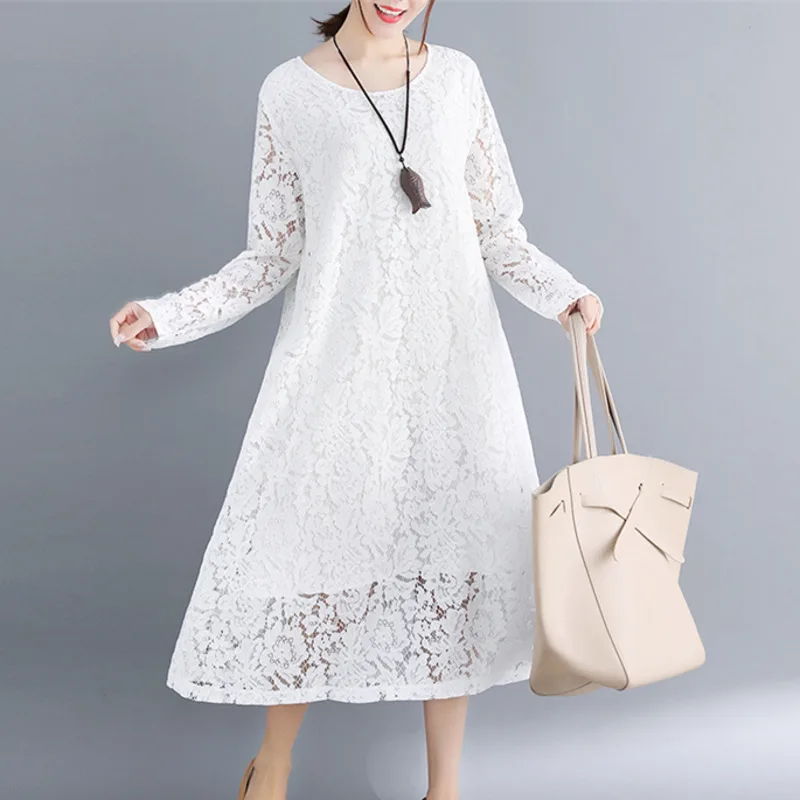 #3255 Spring Summer Red Black White Lace Dress Women Long Sleeve High Quality Fashion O-neck Hollow Out Midi Dress Elegant 