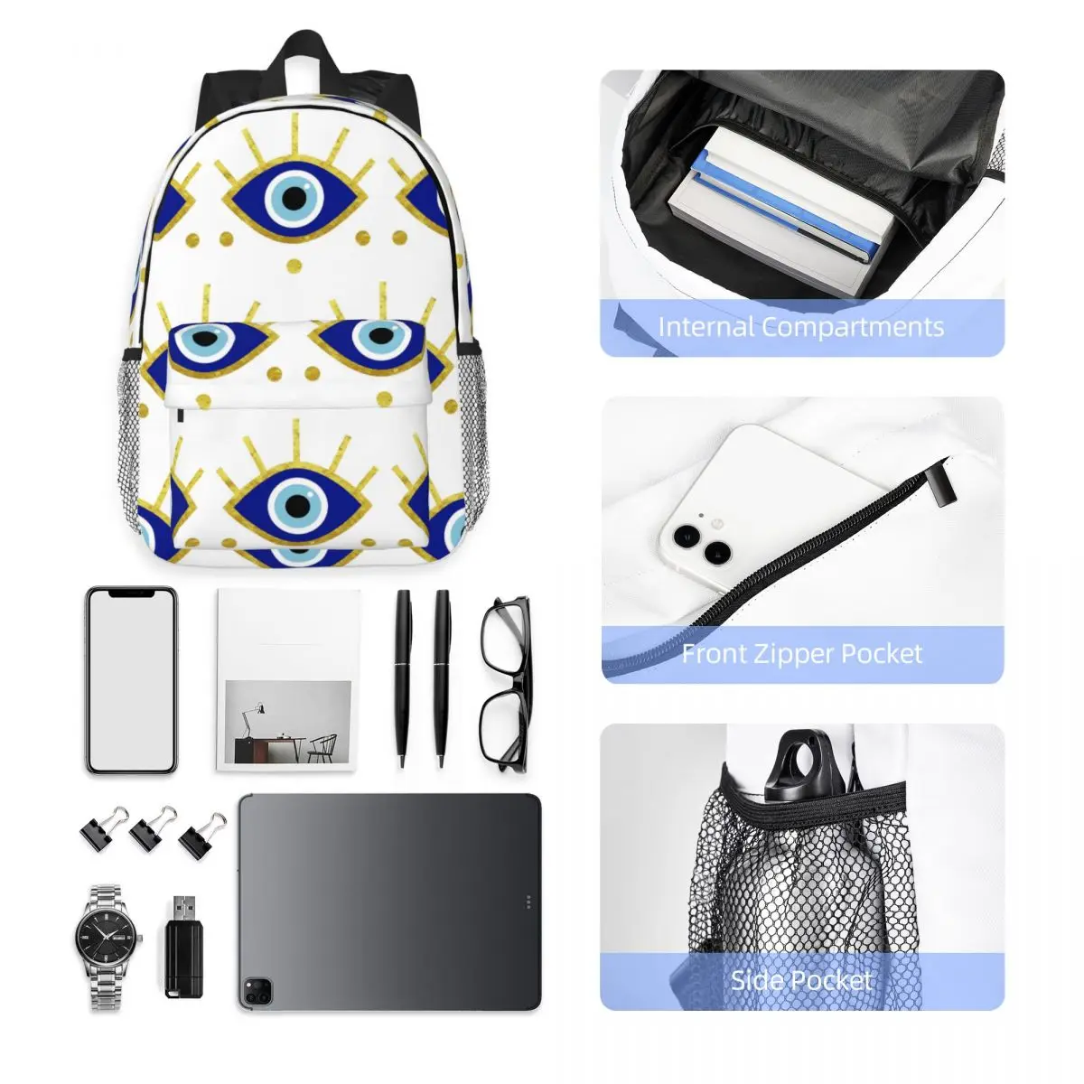 Mediterranean Evil Eye Protection, Nazar Backpack Hot Sale Daypack Large Capacity BookBag Shoulder Bags for Men Women School Bag