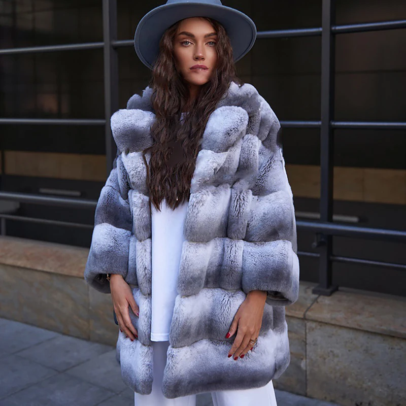 

Genuine Rex Rabbit Fur Coats Female Luxury Loose Warm Contrast Color Outertwear Lapel Casual Natural Real Fur Jackets Women