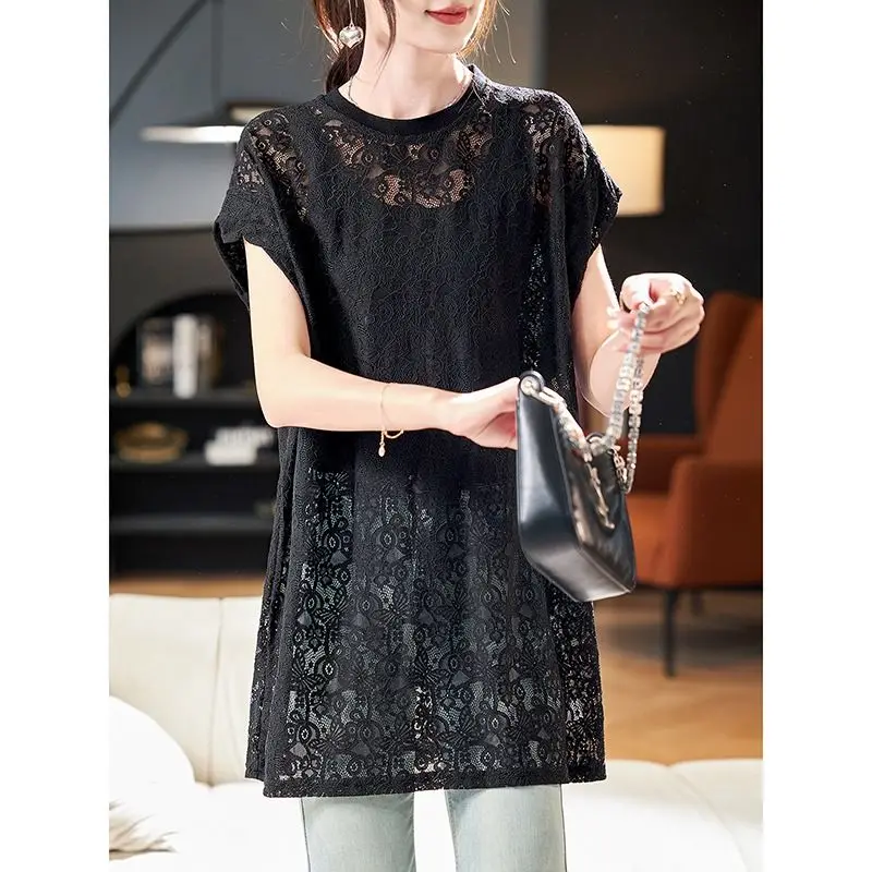 

Elegant O-Neck Solid Color Lace Hollow Blouses Women's Clothing 2025 Summer New Loose Short Sleeve Chic Tops Office Lady Shirts