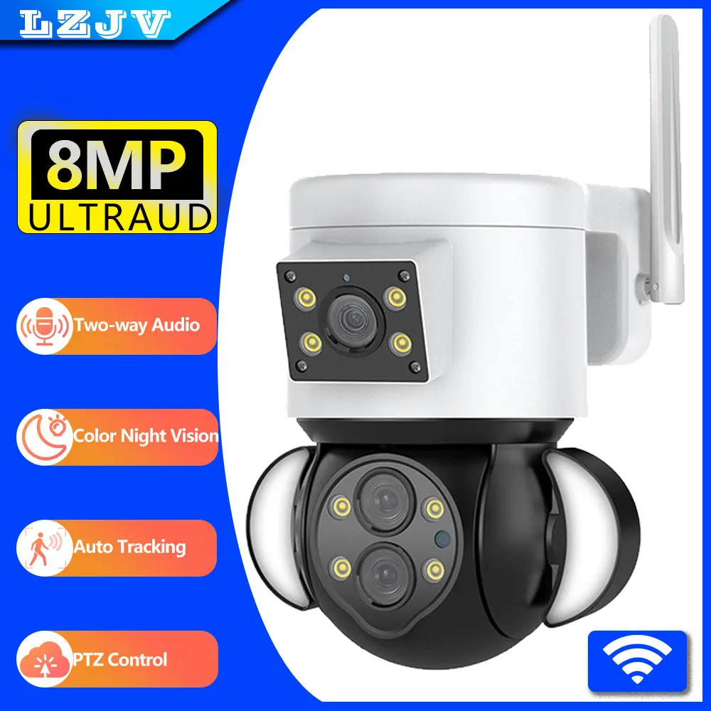 

LZJV 4+4 8MP WIFI Survalance Camera 10X ZOOM PTZ Outdoor Three Lens Wireless Security Camera Night Vision IP Camera Waterproof