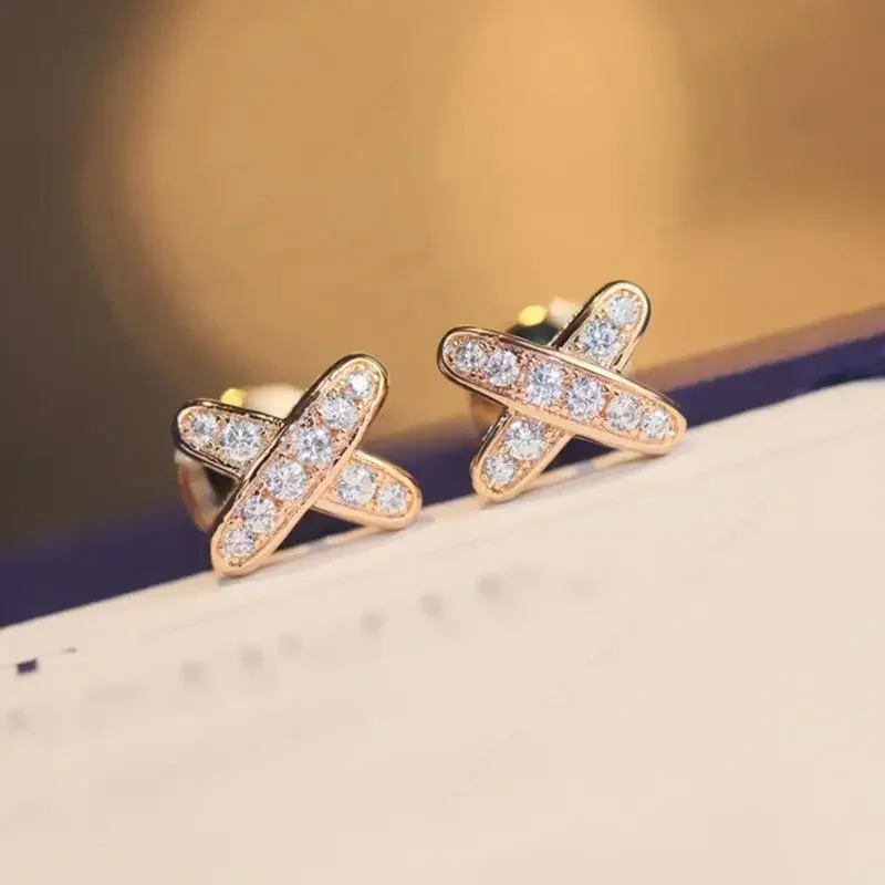 CY 925 Sterling Silver Full Diamonds X-shaped Cross Earings For Women Rose Gold Ear Stud France Luxury Brand Fine Jewelry Gifts