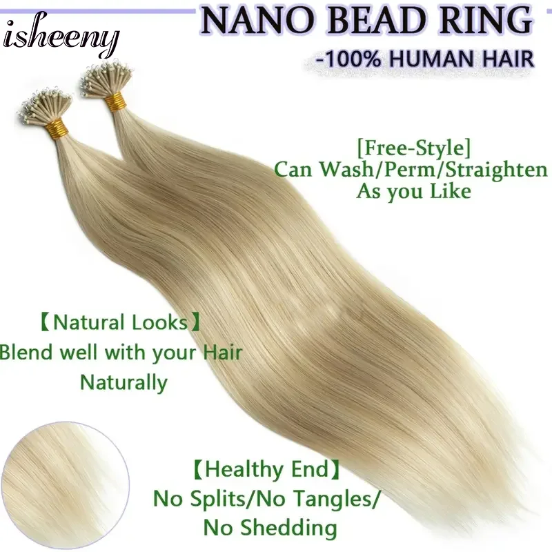 Nano Bead Ring Real Human Hair Extensions Black Brown Blonde with Highlight 30G/Pack 50PCS/Bag 12-20 Inches Invisible Nano Rings