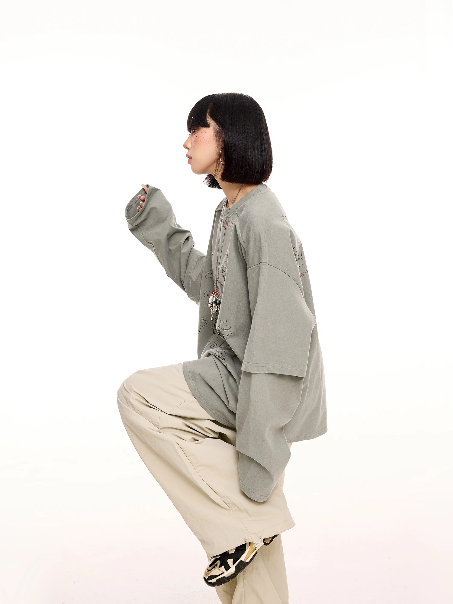 

Street Sle Oversize Long Sve Тонкий свитшот Женская свободная повседневная футболка Осенний дизайн Feelings Хлопок Чистый хлопок