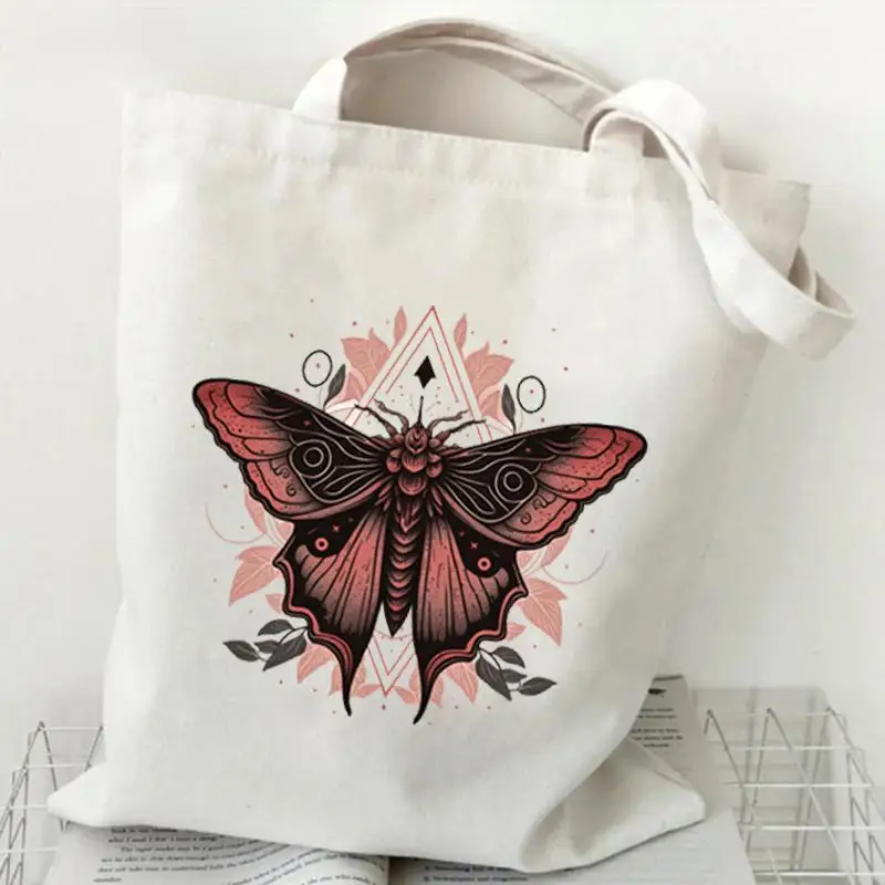 Gothic Moth Canvas Tote Bag for Women, Aesthetic Dark Reusable Shoulder Bag Unique Gifts Boho Casual Tote Handbag Versatile