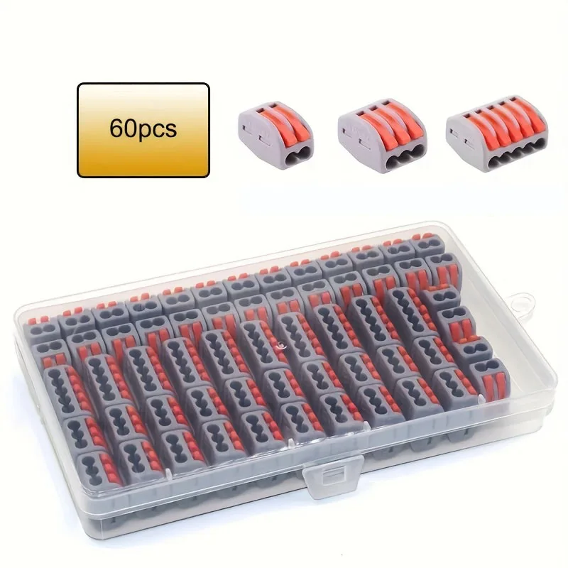 Kit de 60 Conectores de Palanca para Cables, Conectores Eléctricos de Empuje Rápido, Combinación de 2/3/4/5 Conductores, Bloques Térmicos
