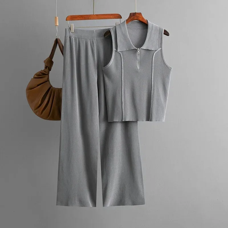 

New Knitted Collar Small Tank Top Fashion Set+High Waist Casual Pants Two Piece Set