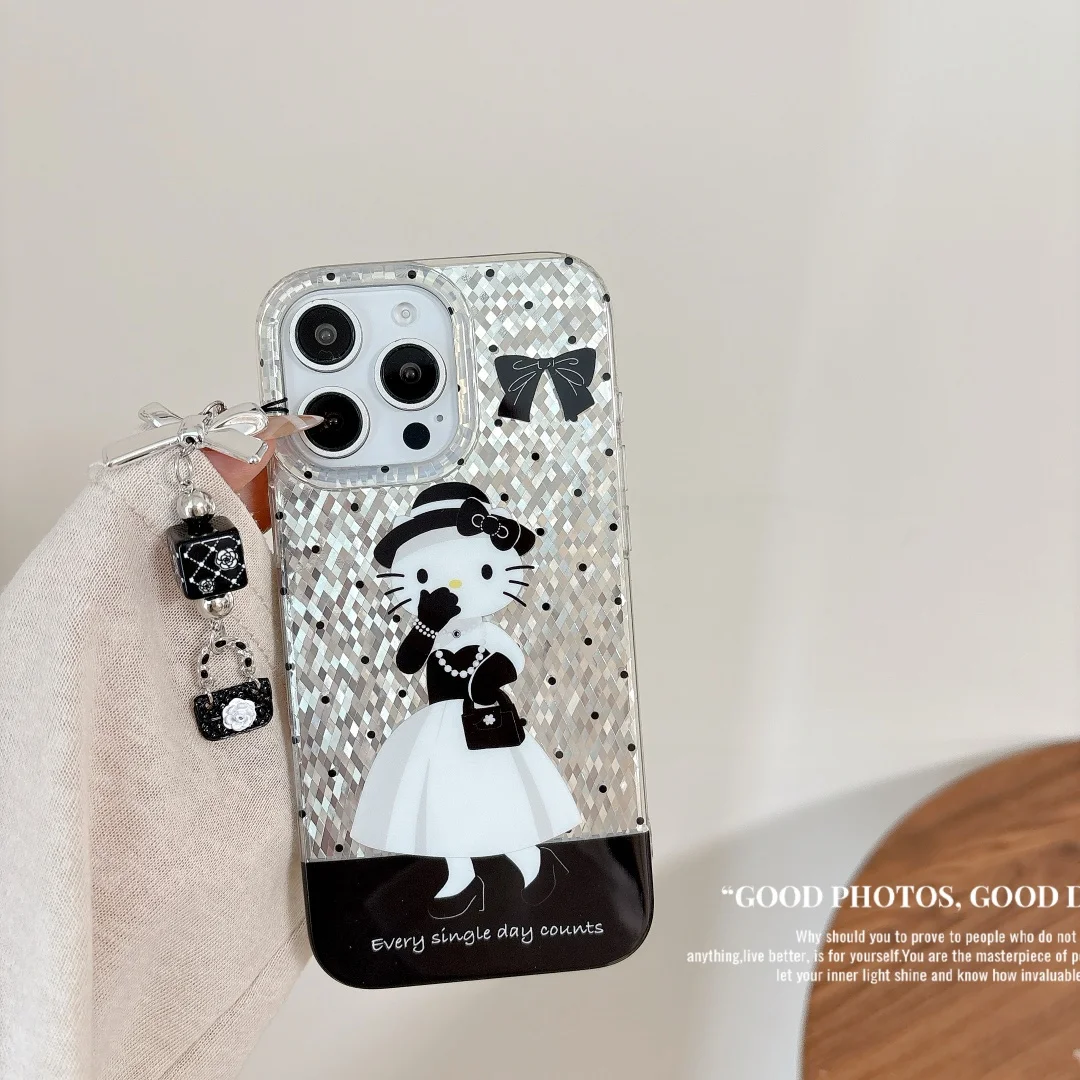 

Luxury Silver laser shell sweet Lovely Hello Kitty Phone Cases For iPhone 14 15 16 Pro Max With Pendant for Girl Woman ﻿﻿﻿﻿