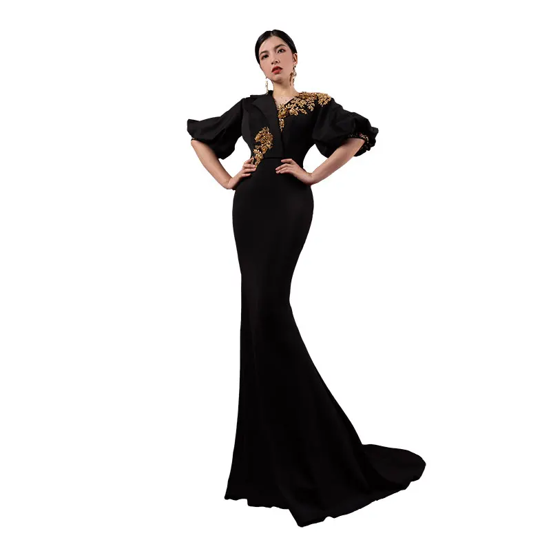 Bai Sha Customized Evening Dress Bubble Sleeves Beaded Mid Rise Host Clothes Body Show Slim Fit Prom Commercial Banquet H1037-1