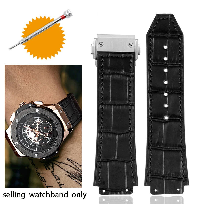 Genuine Leather Watch Band For Hublot Big Bang Series Cowhide Strap Men Wristband  With Tools Accessories Brown 26*19mm Bracelet