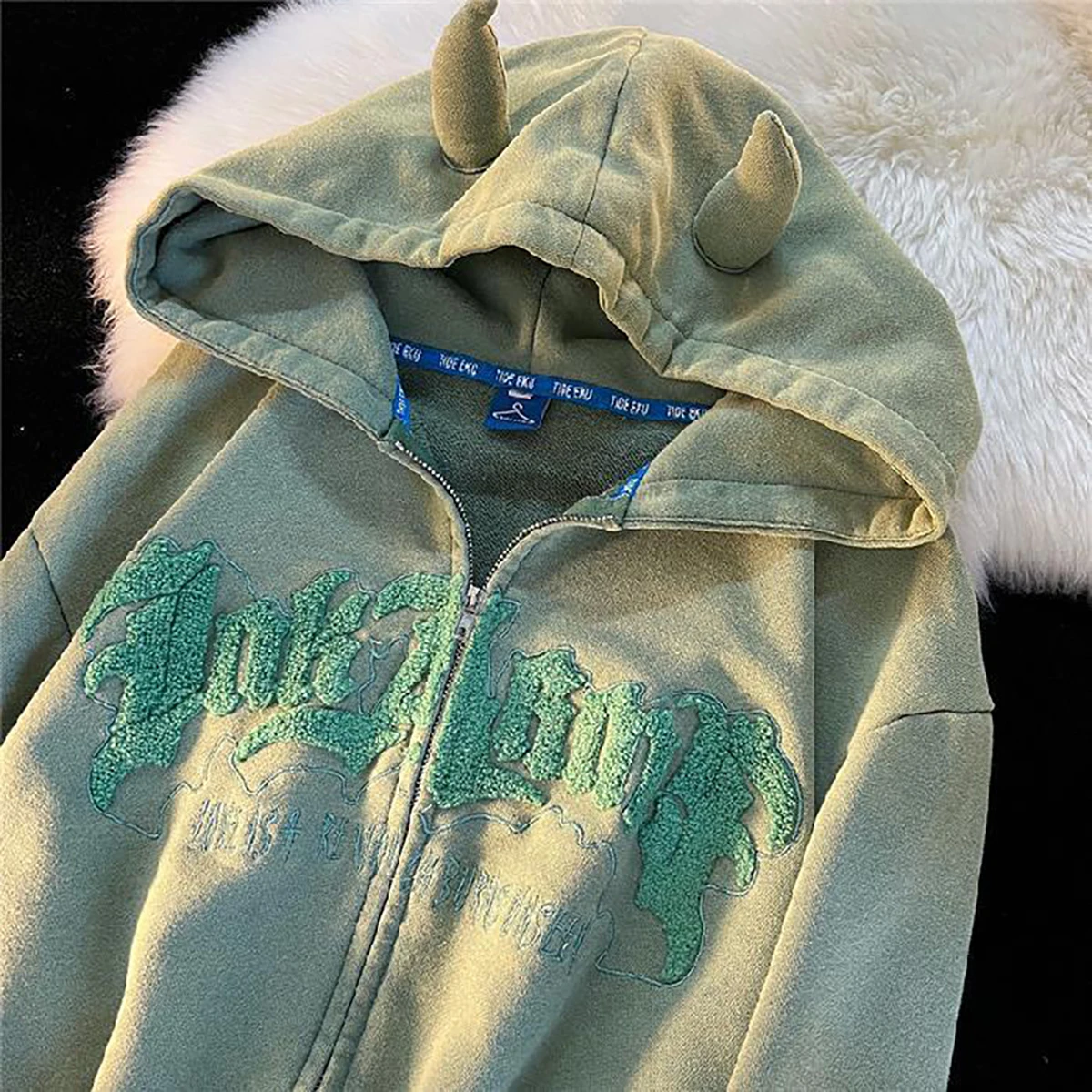 Women Retro Hoodies Zipper Long Sleeve Jacket Coats Casual Hooded Oversized Sweatshirts Y2k Streetwear Couples Letter Devil Tops