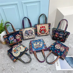 Fashion Women Embroidered Women Tote Bag Retro Owl Elephant Handbags Lady Large Capacity Reusable Shopping Bag Shoulder Bag 2024