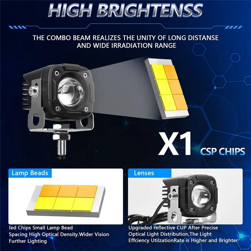 A65P-Motorcycle Spotlight Headlight Auxiliary LED Fog Light White+Amber Light 60000LM For Car Truck SUV UTV Tractor Boat