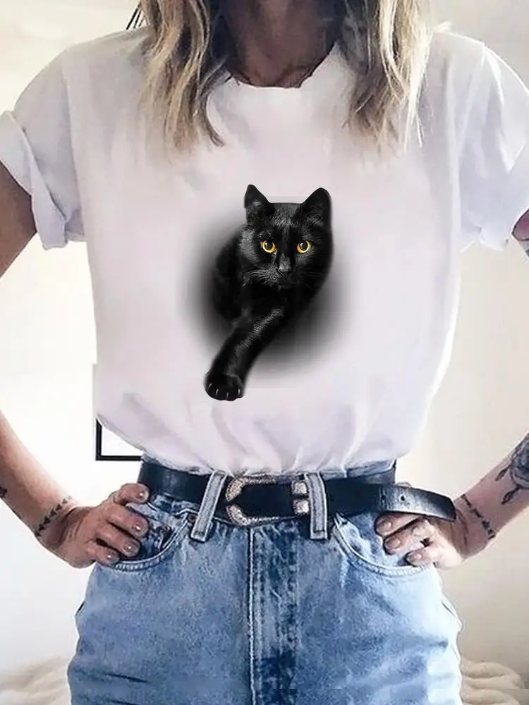 Cat Funny Style Trend Lovely Clothing Fashion Short Sleeve Clothes Print T Shirt Basic Tee Women Graphic T-shirt Summer Top