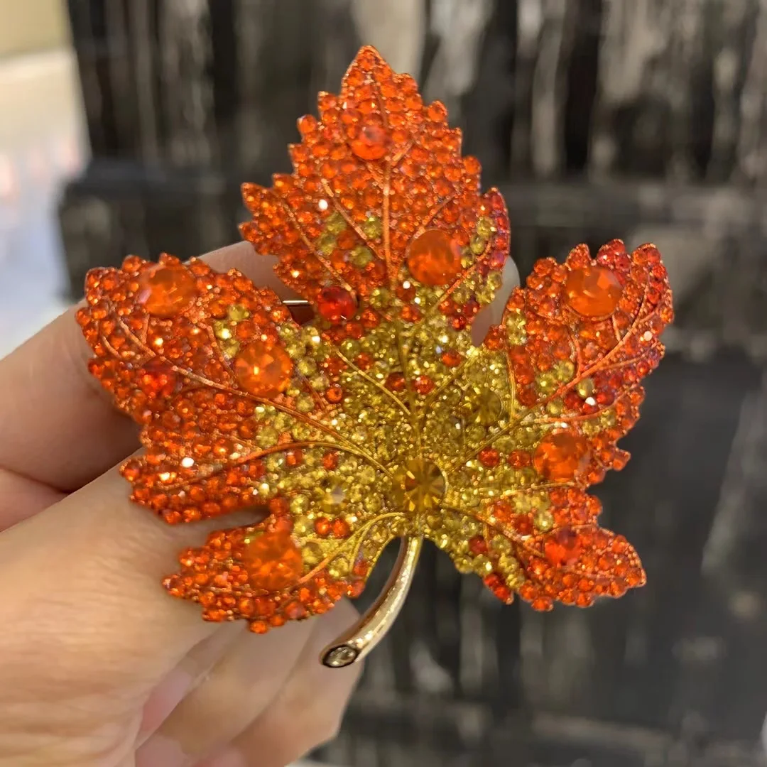 plant leaf maple brooch blue orange color copper with cubic zircon fashion women jewelry 51*48MM free shipping