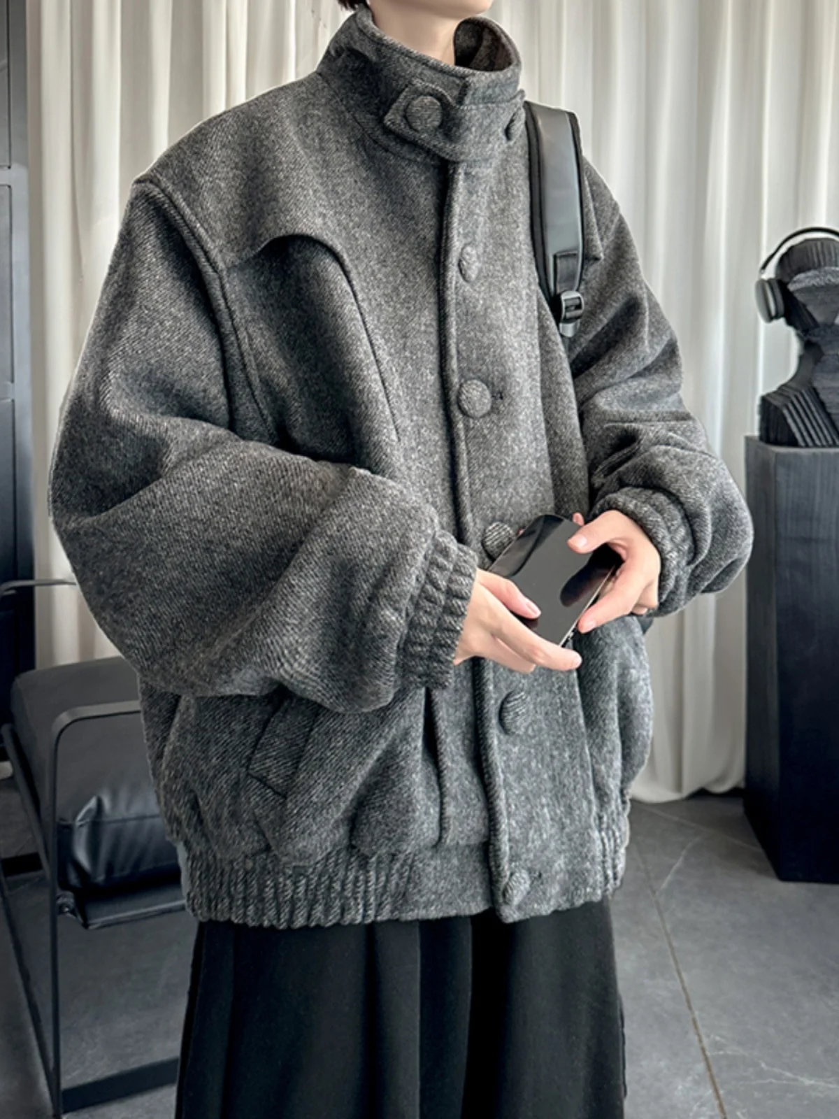 

Американская шерстяная куртка в стиле ретро, мужская весенне-осенняя модная высококачественная свободная посадка с воротником-стойкой, молодежное корейское пальто