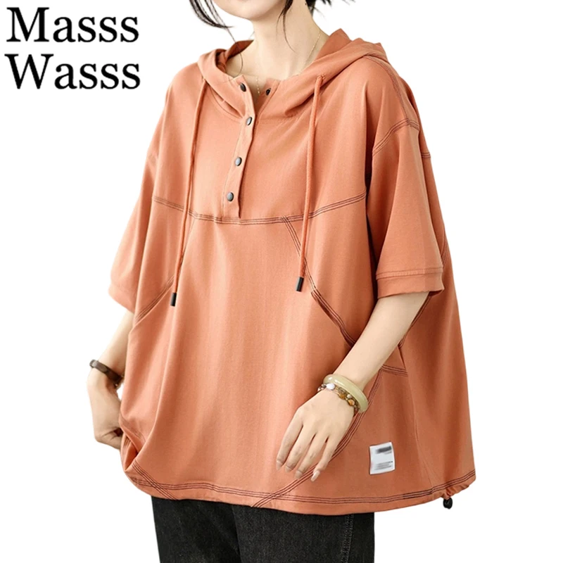 Masss Wasss Korean Design Fashion Leisure Tee Shirts Females 2026 Classic Loose Soild Clothes Womens Summer Vintage Hooded Tops