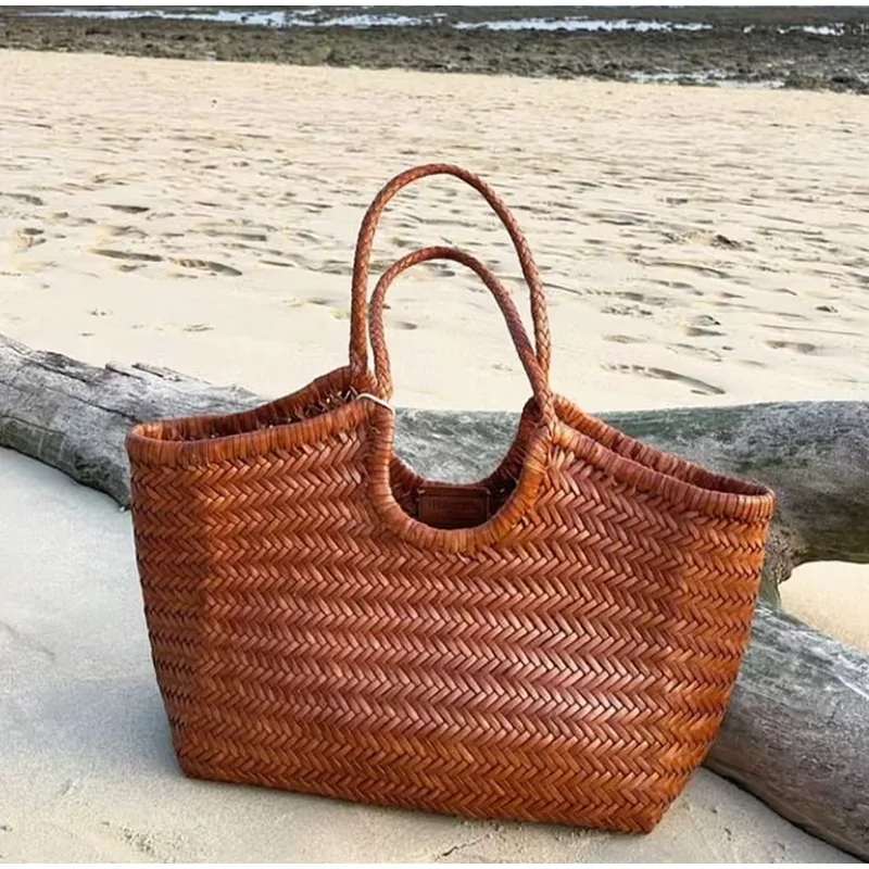 

French Woven Basket Bag Vintage Horizontal Handwoven Leather Handbag European American Women Shoulder Bag Strap With Inner Strap