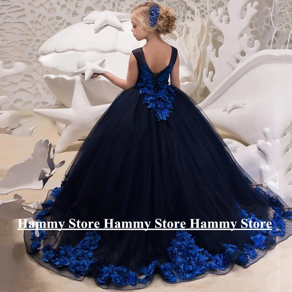 Yipeisha Navy Blue Flower Girl Dress Cap Sleeve Scoop Neck 3D Flowers Applique Ball Gown Tulle Long First Communion 