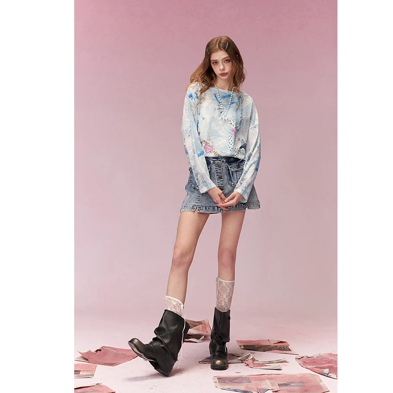 ELFSACK Y2K Long Sleeve Top for Women, Full Print Chain & Bow Graphic T-Shirt, Oversized Loose Fit view 3