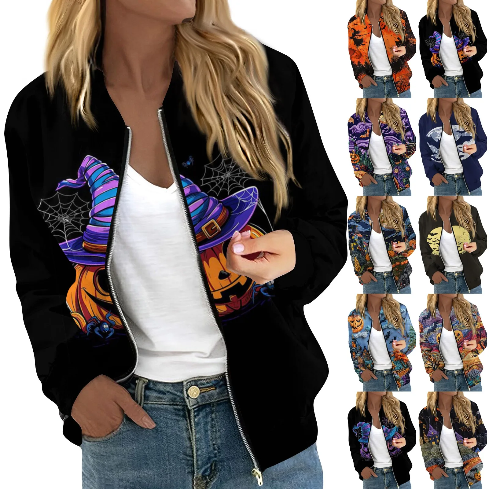 Women\'s Halloween Print Jacket Fashion Casual Long Sleeve O-Neck Zipper Jackets Top Fall all-match coat Women\'s autumn clothes