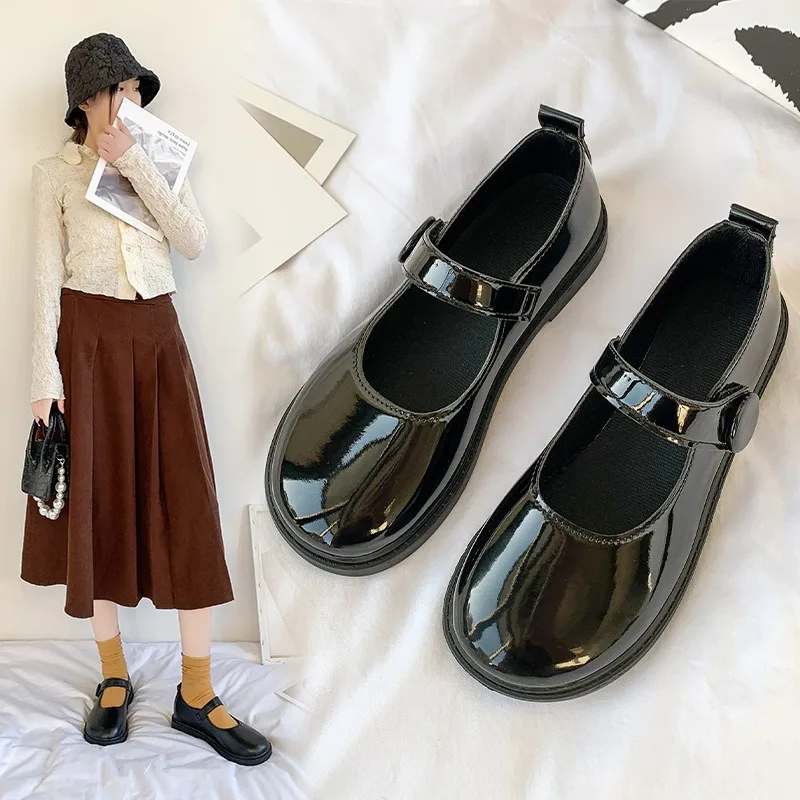 Ladies' Black Mary Jane Japanese Style Small Leather Shoes Students 2024 Autumn New Retro Flat Bottomed Round Toe Uniform Shoes