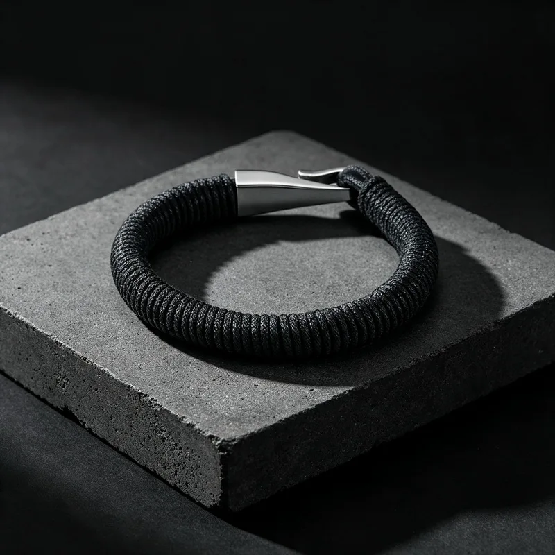 Stainless steel inverted hook buckle woven cowhide rope wrapped bracelet trendy accessory