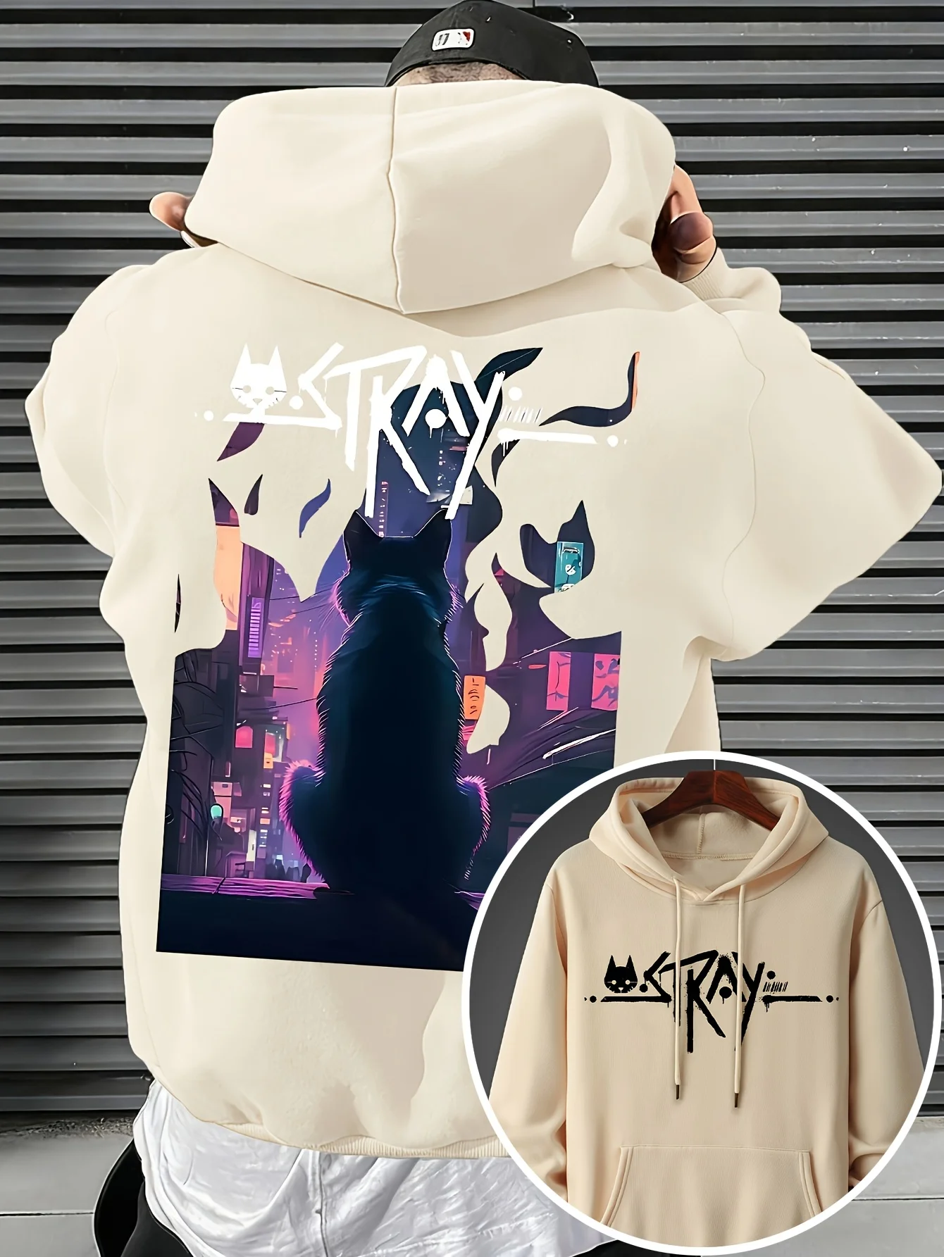 Men Women Stray Game Cat Hoodie Hip Hop Sport Cyberpunk City Night View Print Oversized Black Streetwear Pullover Sweatshirt