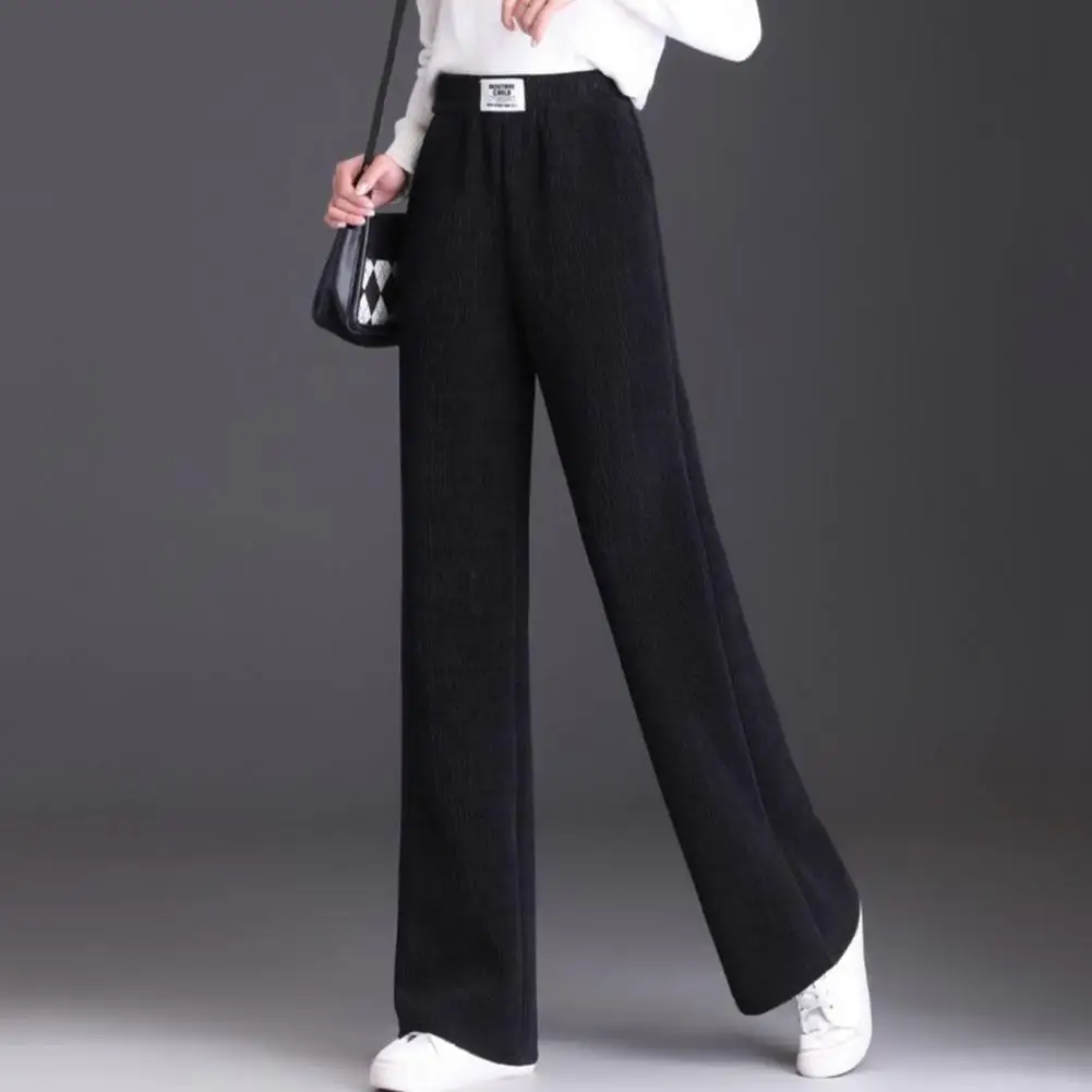 

Women Winter Pants Elastic High Waist Straight Wide Leg Long Trousers Solid Color Thickened Plush Lining Women Pants