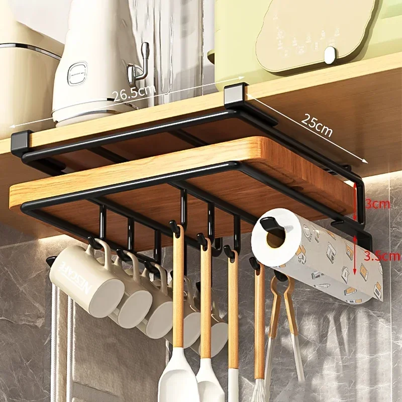 

Organizer Rack with Hooks Under Cupboard Paper Towel Rags Hanger Cutting Board Pot Cover Holder Storage Shelf Kitchen Hanging
