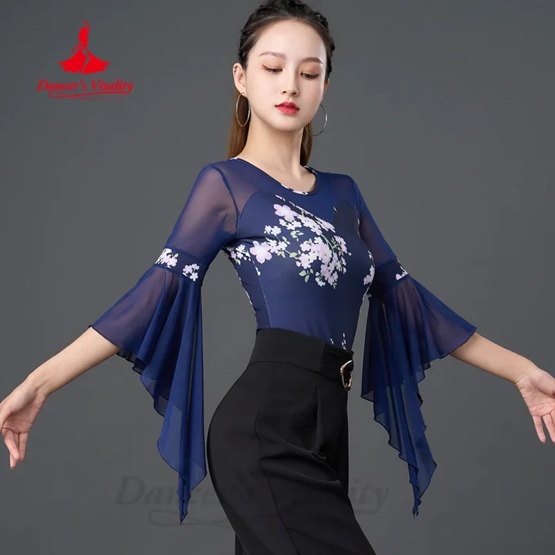 Latin Dance Practice Clothing Women's Customized High End Printed Flare Sleeve Top Chacha Rumba Samba Performance Costume