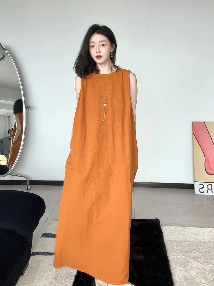 

Новое летнее свободное повседневное платье оранжевого цвета для женщин, подходящее для фигуры типа «груша», в корейском стиле, с круглым вырезом, для повседневной носки.