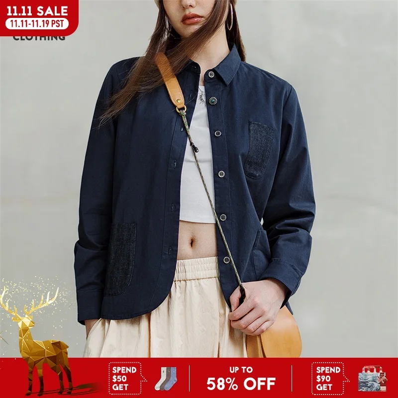 

Maden Denim Pocket Patchwork Shirt for Women Long-sleeved Casual Jacket Navy Blue Cotton Shirt Fall Blouses Streetwear Tops