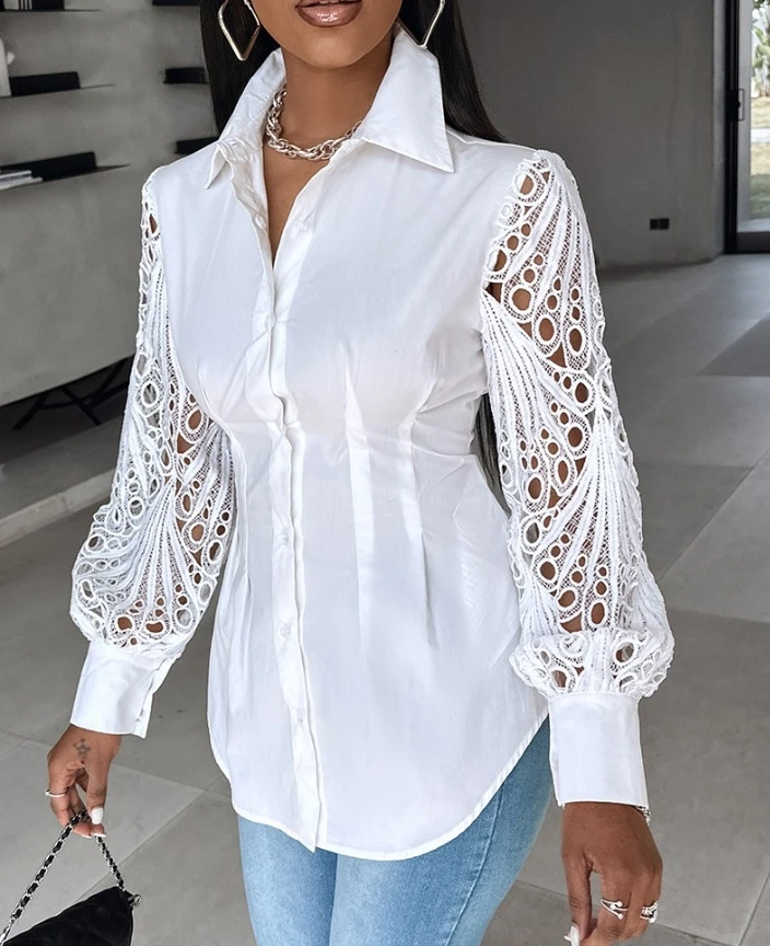 

Women's Shirt Elegant Solid Color Turn-down Collar Lace Embroidery Splicing Lantern Long Sleeve Button Down Slim Waist Shirt Top