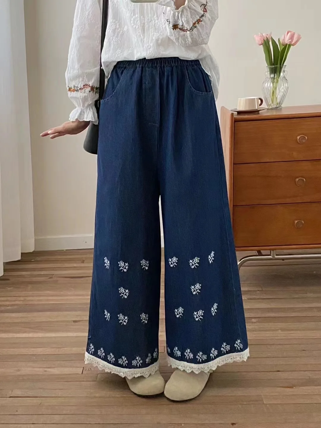 Jean Denim en Coton Brodé à Taille artificiel astique pour Femme, Jean à Jambes Larges de Style Japonais Mori Girl, Nouvelle Collection Printemps 2025, B4D813CC