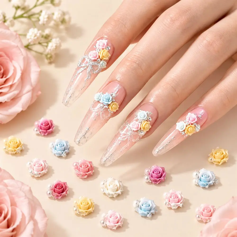 50Pcs Modern Nail Decorations Vibrant Multi Color Flower Acrylic 3D Flatback Mini DIY Nail Gems Date Night Supplies