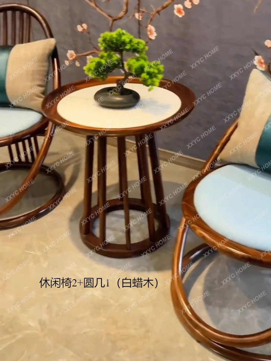 LNew Chinese Style Black Walnut Round Coffee Table Balcony Furniture Leisure Chair Simple Solid Wood