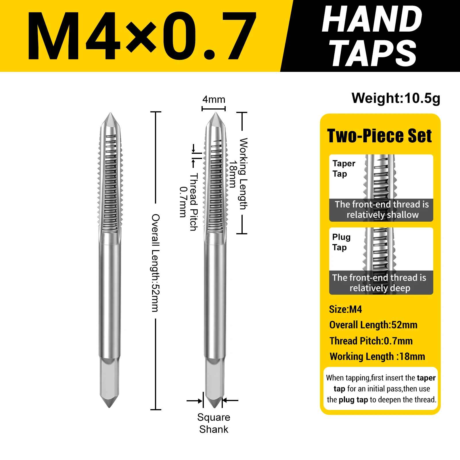 M3-M24 metrische handtaps, set van 2 stuks, conische plugtaps, HSS4241, taps met rechte snijgroef voor het maken van binnendraad in metaal, geschikt voor gelegeerd staal.