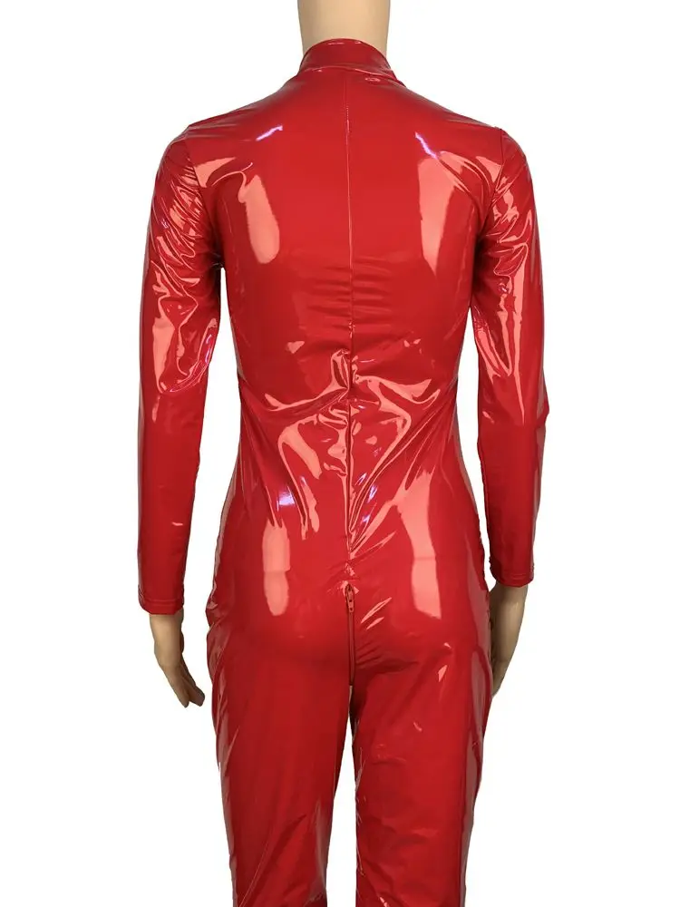 Wyglądające na mokre pcv Catsuit błyszczące PU skóra 2 zamek otwarte krocza Body rajstopy Cosplay Jumsuit Sexy Clbuwera Leotard Body Conjoined