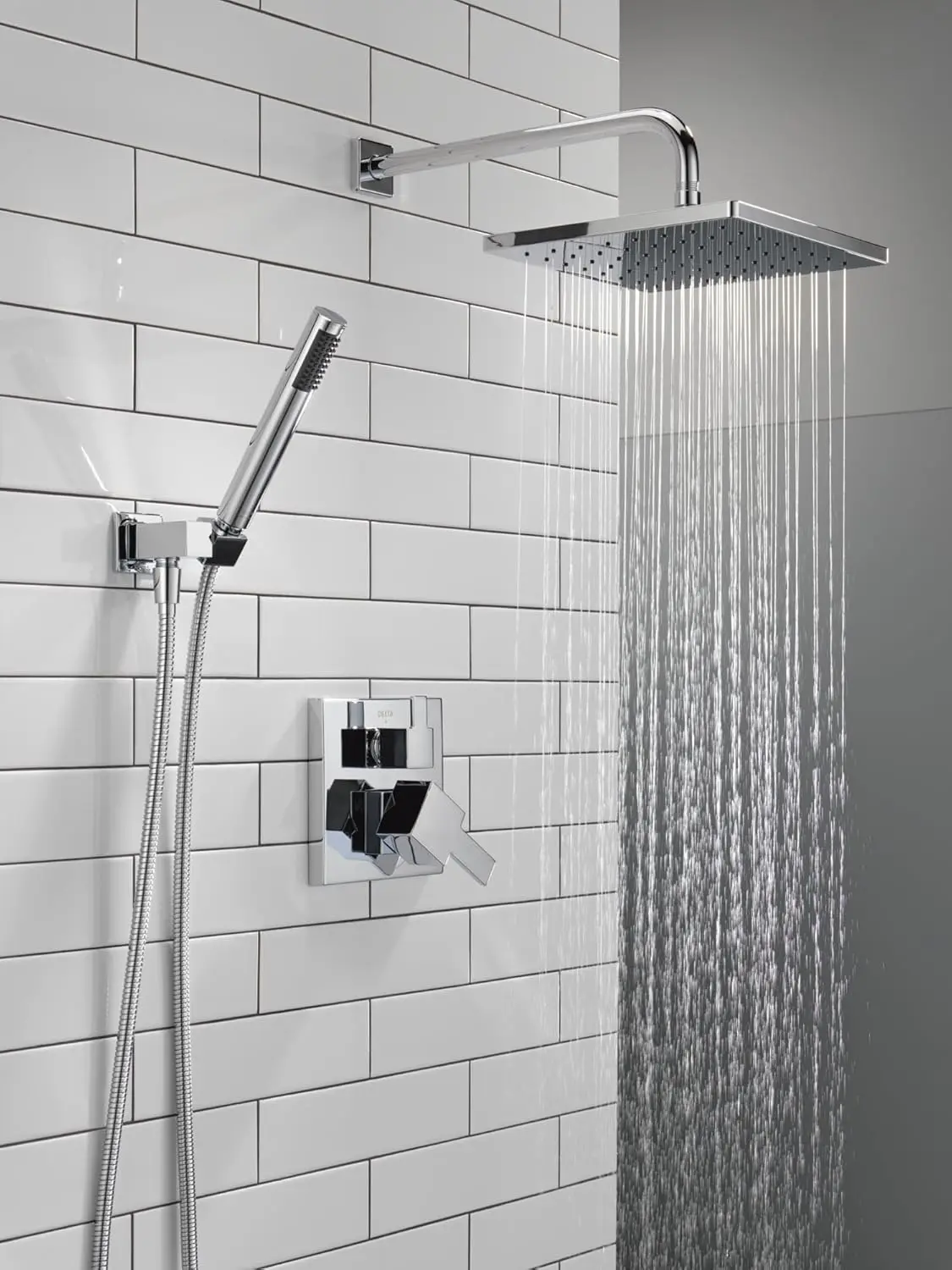 Faucet Modern Raincan 2-Setting Square Shower System Including Rain Shower Head and Handheld Spray Chrome, Rainfall Shower