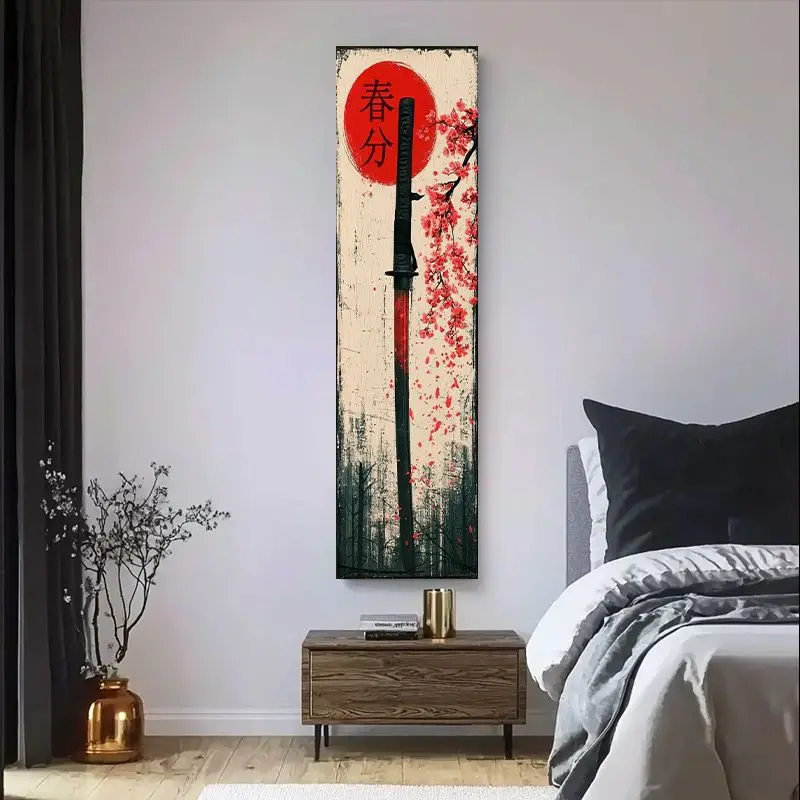VIKAMA Samurai Katana Sakura Wall Runner Long Tapestry Japanese Red Sun Vertical Banner for Bedroom Living Room Man Cave Decor