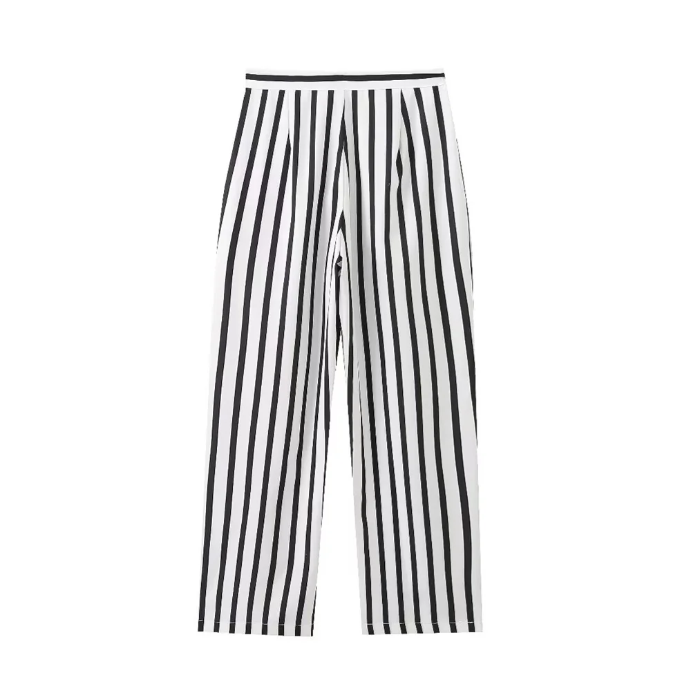 Taop&Za 2024 Summer New Product Women\'s Fashion Style Slimming Round Neck Sleeveless Striped Printed Top High Waist Pants Set