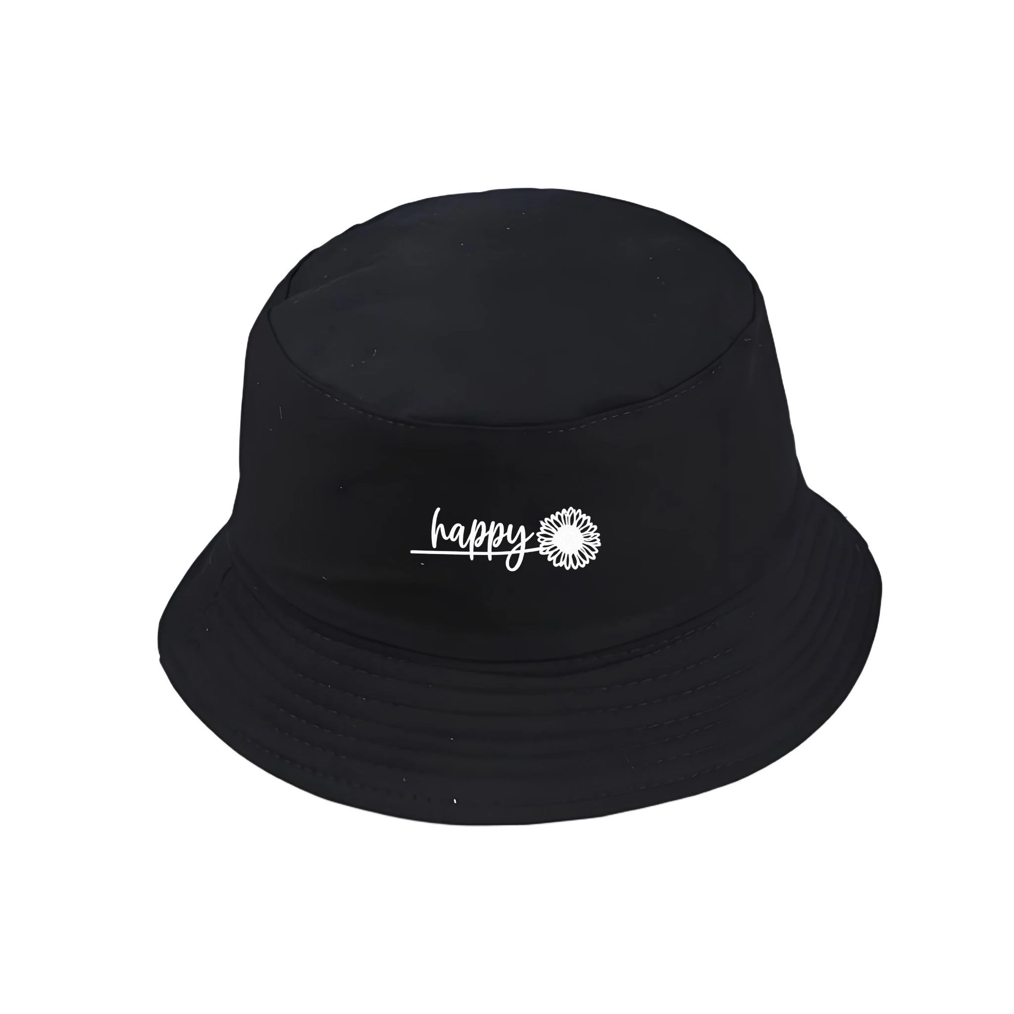Bucket Hat Women Daisy Happy Print Fisherman Cap Cotton Y2K Vintage Retro Casual Packable Wide Brim Sun Hat Summer Travel Bea