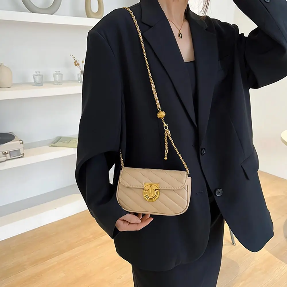 PU Leather Chain Shoulder Bag Leisure Swivel Lock Rhombic Lattice Crossbody Bag Large Capacity Underarm Bag Women Girls