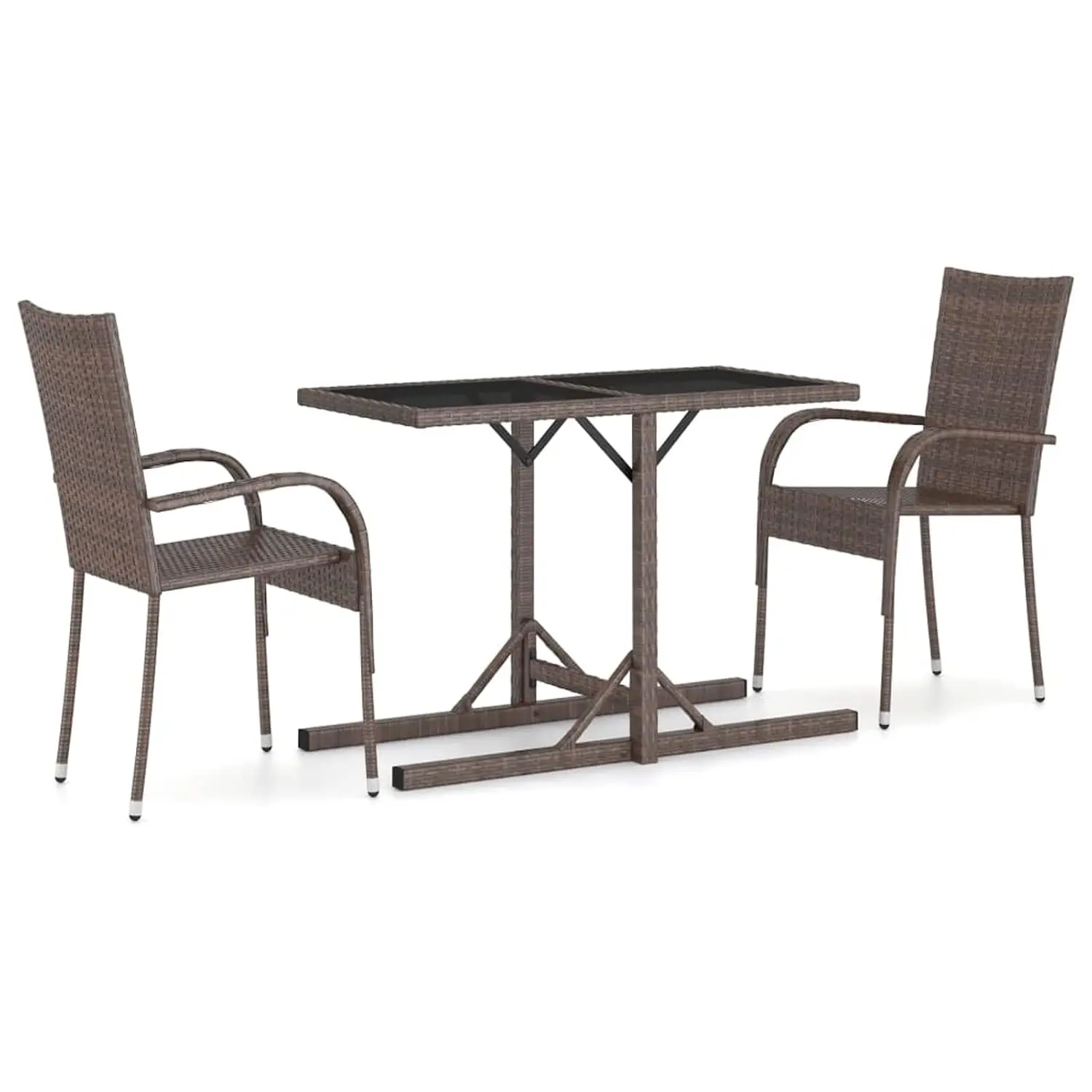 Brown Poly Rattan Garden Dining Set 3 Piece Powder-Coated Steel Glass Table & Chairs for Patio Balcony Outdoor, Customized