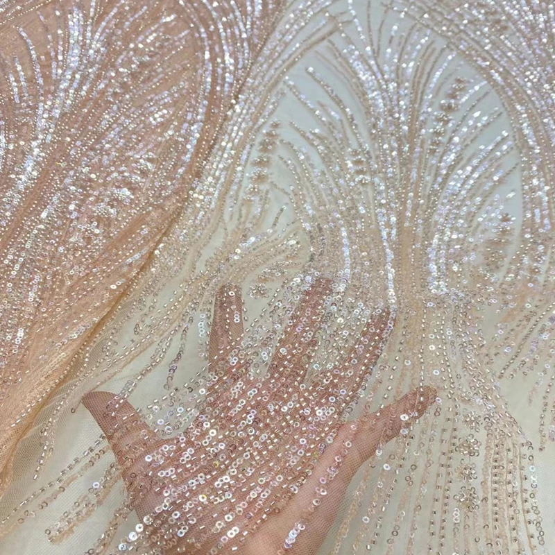 

New Fashion African Heavy Handmade Beaded Lace Embroidery Nigerian Beads Sequins Fabric For Wedding Party TS1480
