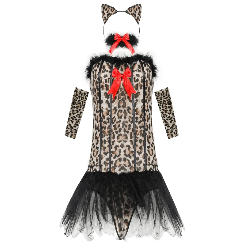 Halloween Cosplay Leopard Print Cat Girl Mischievous Cat Girl Costume Women Cat Cosplay Set Anime Animal Sexy Club Party Costume